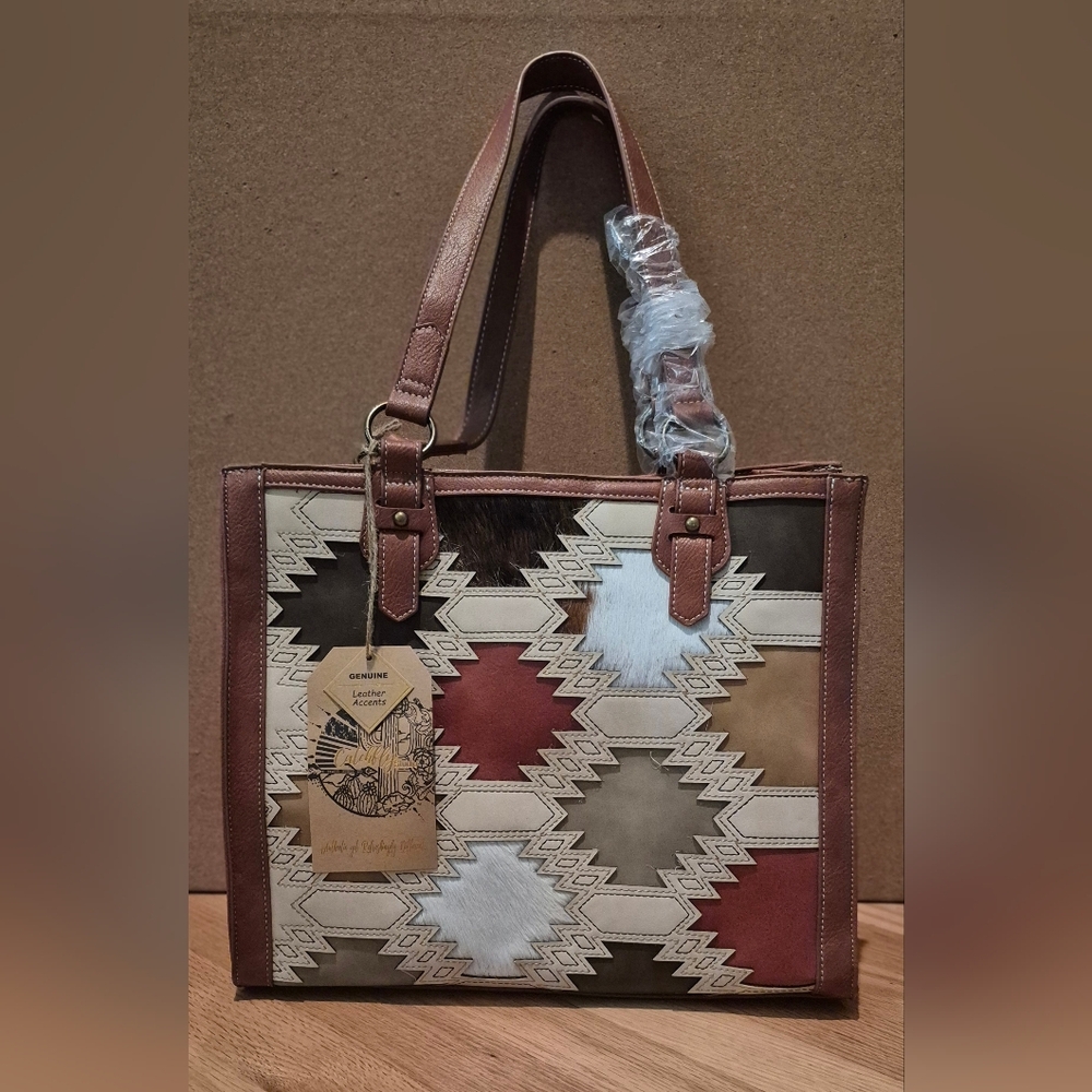 NEW Catchfly Women's Brown Southwest Color Block Concealed Carry Large Tote